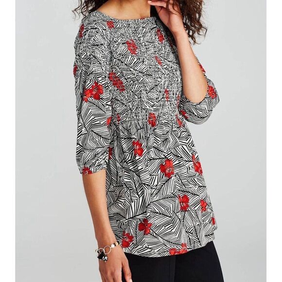 J Jill Top Womens Medium Smocked‎ Tropical Palm Hibiscus Floral Black White Red - Picture 1 of 10